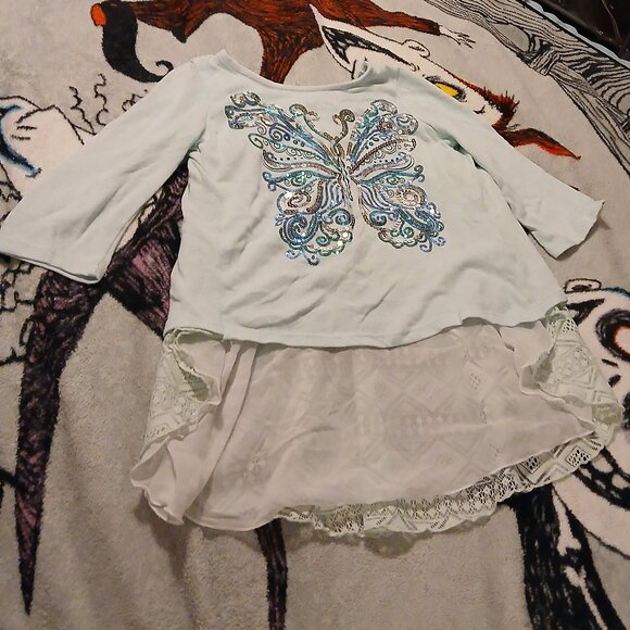 Beautees Girls Medium Light Blue Tunic Butterfly Top Shirt with Lacy Underlay - Picture 1 of 8